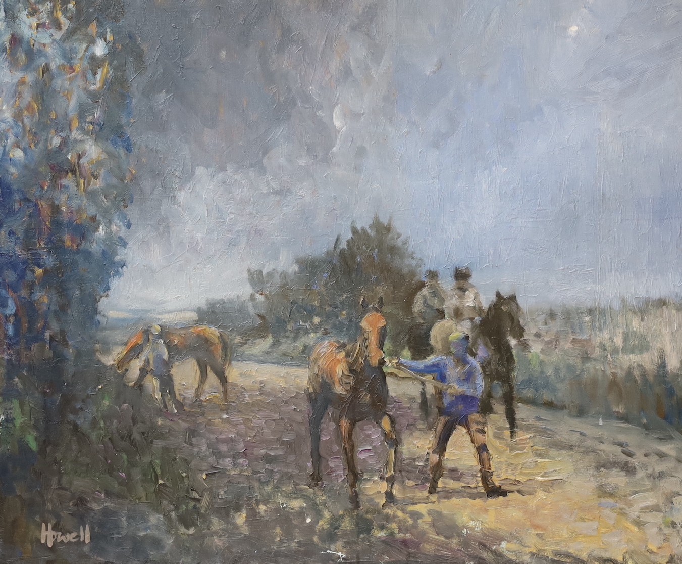 Peter Howell (b.1932), oil on canvas, Figure leading horses along a lane, signed, 50 x 60cm